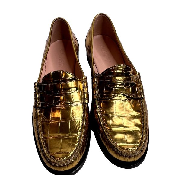 J.Crew $268 Winona Penny Loafers Croc Inspired Metallic Leather Size 9.5 BV736 - Picture 2 of 11